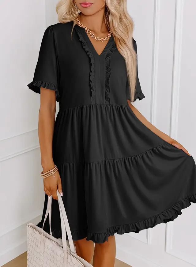 Womens Dresses Summer Spring V Neck Short Sleeve Casual A Line Flowy Swing Dress Mini Dress Black - Shop at LoveMi