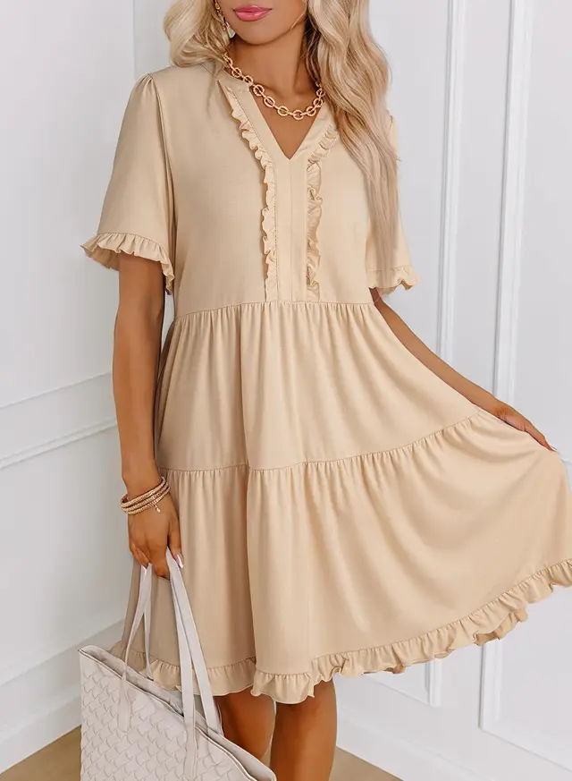 Womens Dresses Summer Spring V Neck Short Sleeve Casual A Line Flowy Swing Dress Mini Dress White - Shop at LoveMi