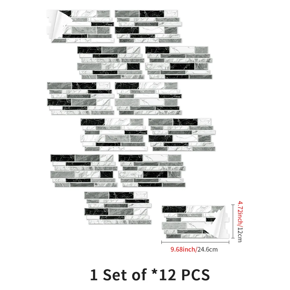 Irregular PVC Black White Gray Marble Pattern Classic Imitation Tile Self adhesive Kitchen Bathroom Wallpaper Waterproof And Oil Proof Wallpaper Ea... 12Pcs - Shop at LoveMi