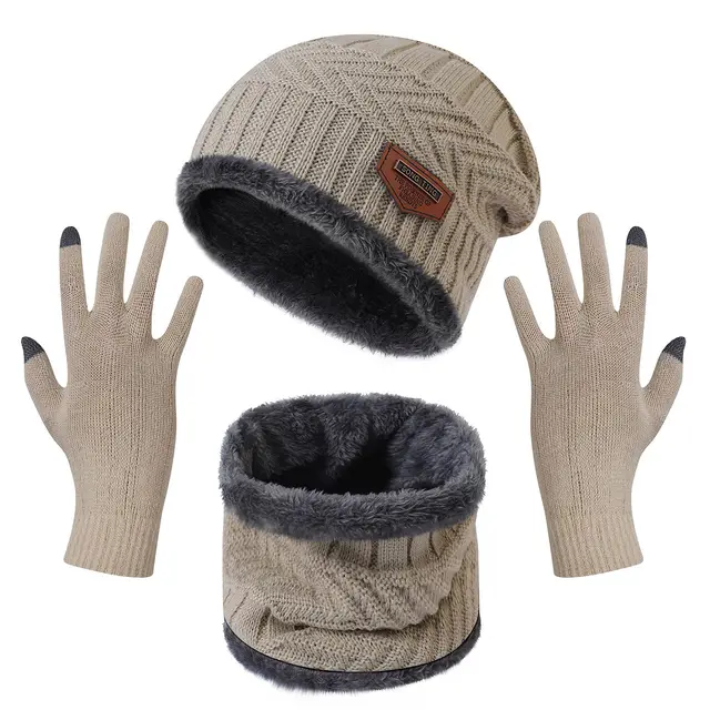 Winter Knitted Hat Scarf Gloves Winter Warm Beanie And Touch Screen Gloves Scarf Set Knit Beanie Skull Cap Neck Warmer Mittens For Men Women Beige - Shop at LoveMi