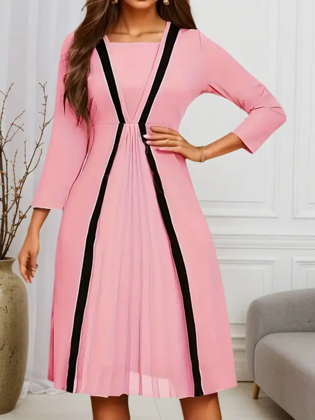 Women's New Dress, Color Blocked Artificial Double Tube Dress, Seven Sleeve Layered Dress, Elegant And Casual Style, Fashionable And Beautiful, Wom... Default - Shop at LoveMi