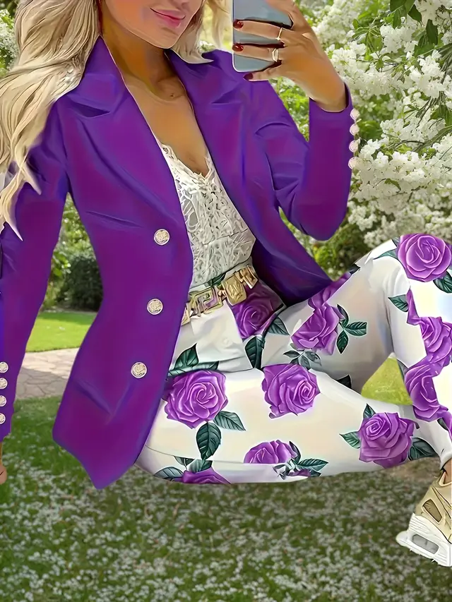 New Elegant And Fashionable Casual Floral Print Set, Double Breasted Purple Suit Jacket And Floral Print High Waisted Slim Pants, Spring And Autumn Women's Clothing Default - Shop at LoveMi