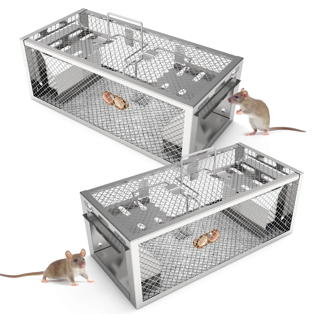 2Pack 11.81x5.63x4.45In 2-Door Humane Rat Trap Automatic Continuous Mouse Trap Reusable Galvanized Iron Live Animal Cage - Silver