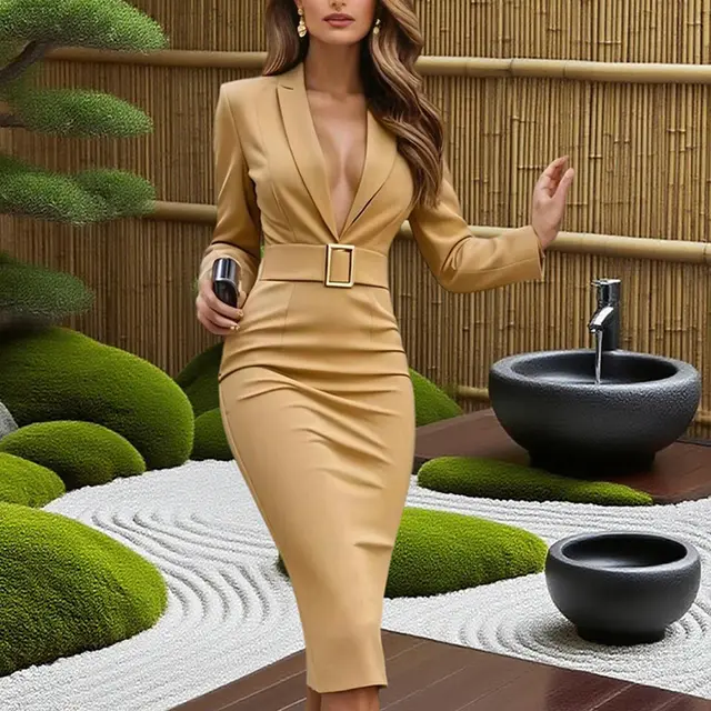 Women's Solid Color Blazer V Neck Dress With Belt & Hem Slit Slim Fit Formal Midi Dress For Spring&Fall Apricot - Shop at LoveMi