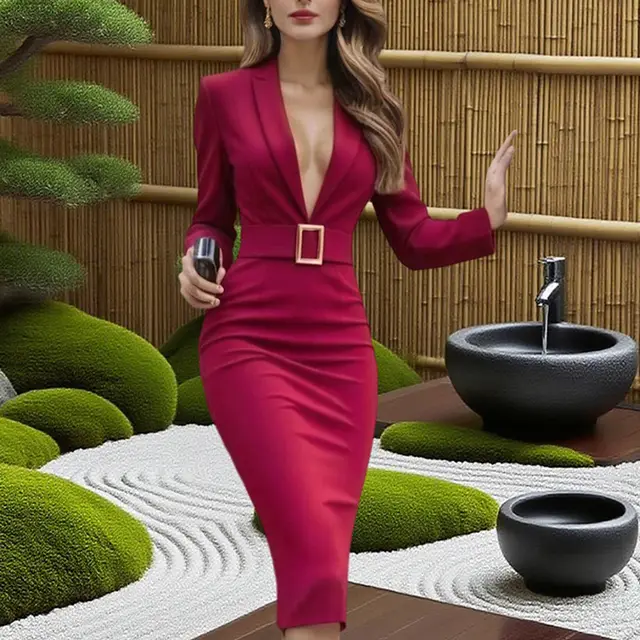Women's Solid Color Blazer V Neck Dress With Belt & Hem Slit Slim Fit Formal Midi Dress For Spring&Fall Red - Shop at LoveMi