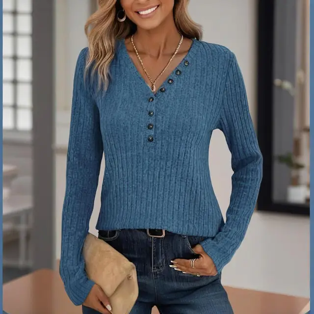 Women's Solid Color Button V Neck Long Sleeve Knit Top Casual Comfort Blouse For Spring&Fall Blue - Shop at LoveMi