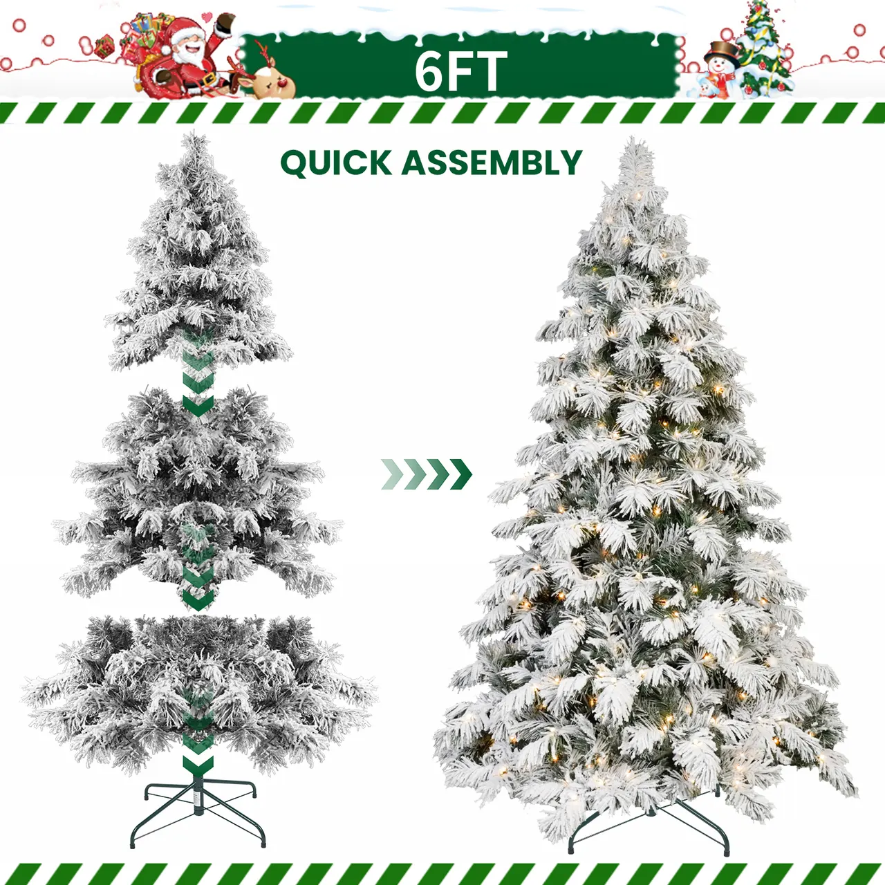 5FT 6FT 7FT 8FT Prelit Flocked Christmas Tree With Light, Snowy Pine Design, Warm White LED Lights, Hinged Branches, Metal Stand, Realistic Artific...
