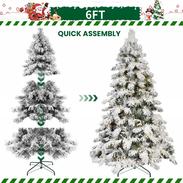 5FT 6FT 7FT 8FT Prelit Flocked Christmas Tree With Light, Snowy Pine Design, Warm White LED Lights, Hinged Branches, Metal Stand, Realistic Artific... - Shop at LoveMi