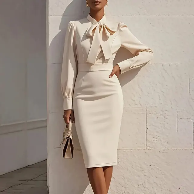 Women's Elegant Solid Stand Collar Long Sleeve Dress With Bow Detail Hem Slit Formal Midi Dress For Spring&Fall Apricot - Shop at LoveMi