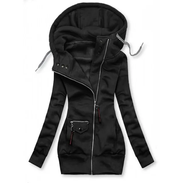Women's Solid Color Long Sleeve Zip Front Drawstring Hooded Jacket With Pockets Slim Fit Pleated Detail Top For Spring&Fall Black - Shop at LoveMi