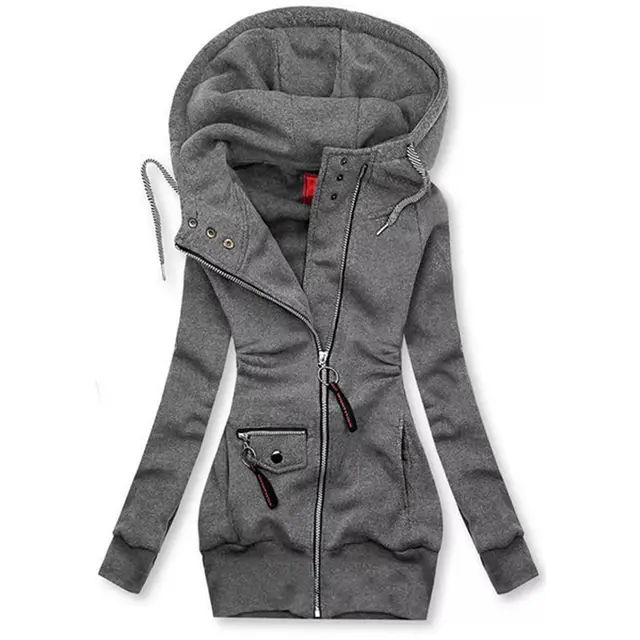 Women's Solid Color Long Sleeve Zip Front Drawstring Hooded Jacket With Pockets Slim Fit Pleated Detail Top For Spring&Fall Gray - Shop at LoveMi