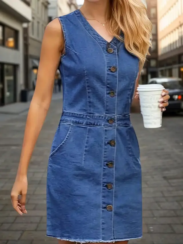 Women's Fashion Trend Sleeveless Dress, V neck Design Button Detail Frayed Hem Denim Skirt Default - Shop at LoveMi