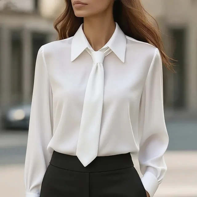 Women's Solid Color Long Sleeve Classic Shirt Machine Washable Versatile Top For Casual & Office Wear White - Shop at LoveMi