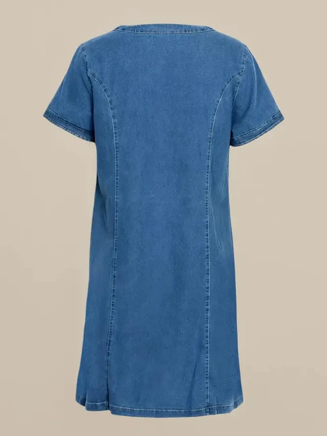 Women's New Denim Dress, V neck Pleated Pocket, Short Sleeved, Casual Style, Suitable For All Seasons, Fashionable And Good looking - Shop at LoveMi
