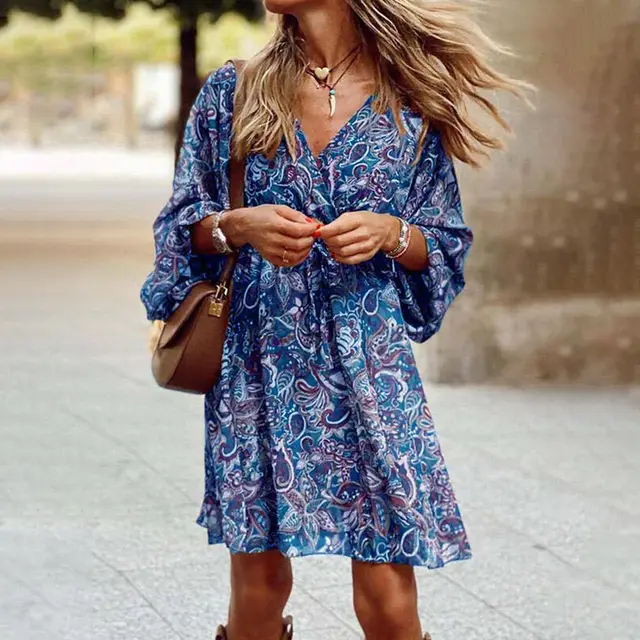 Plus Size Women's Floral Print V Neck Dress With Drawstring Waist Bohemian Knee Length Summer Vacation Dress Blue - Shop at LoveMi