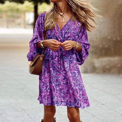 Plus Size Women's Floral Print V Neck Dress With Drawstring Waist Bohemian Knee Length Summer Vacation Dress Purple - Shop at LoveMi