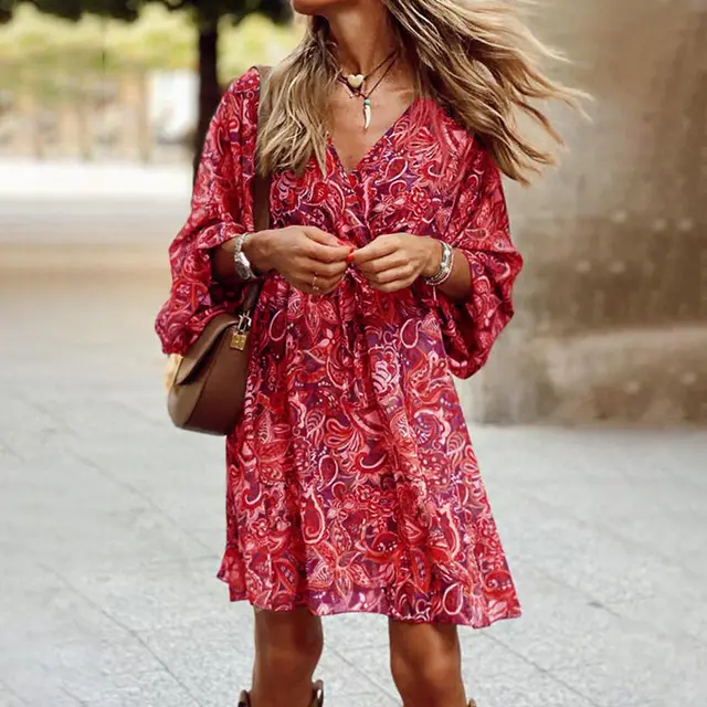 Plus Size Women's Floral Print V Neck Dress With Drawstring Waist Bohemian Knee Length Summer Vacation Dress Red - Shop at LoveMi