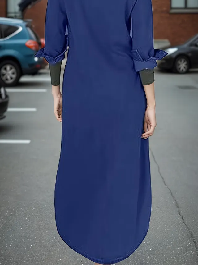 Ladies' Long Shirt Dress With Buttons, Casual Style, Pure Cotton Dress, With Slits In Front And Back For Easy Movement, Machine Washable Default - Shop at LoveMi