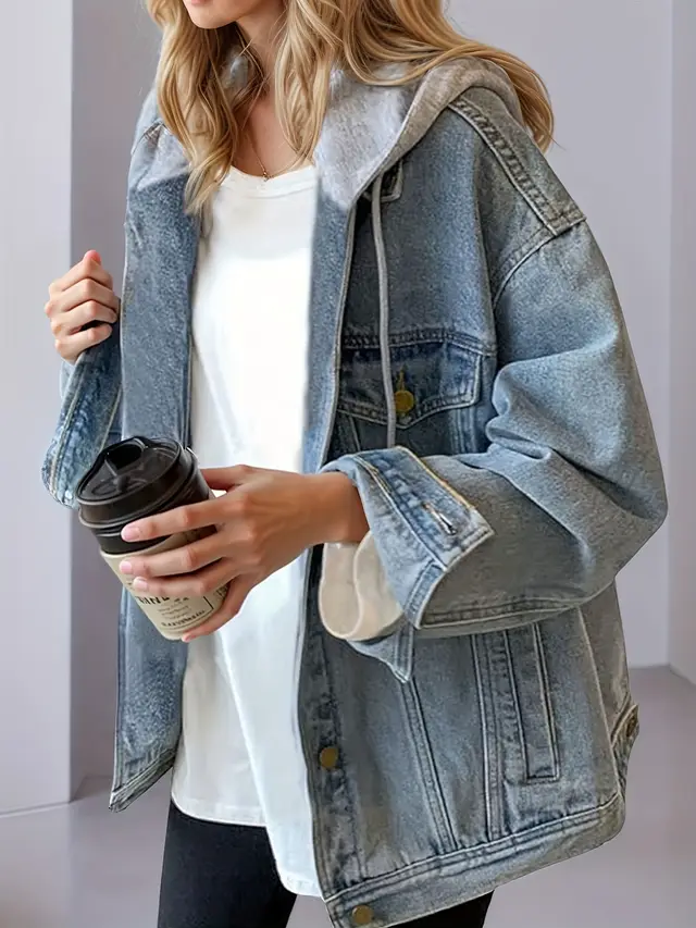 Women's Hooded Denim Jacket, Oversized Retro Denim Jacket, Elastic And Loose, Comfortable And Lightweight Default - Shop at LoveMi