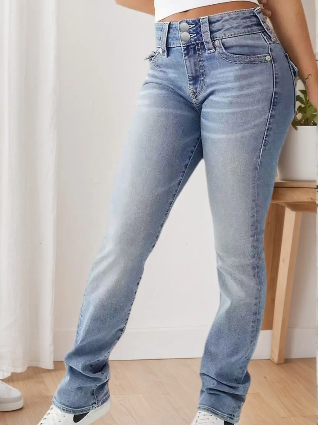 Women's High Waisted Elastic Slim Fit Wide Leg Jeans - Retro Washed Light Blue, All Season Casual Pants, Built-in Zipper, Machine Washable, Multifu...