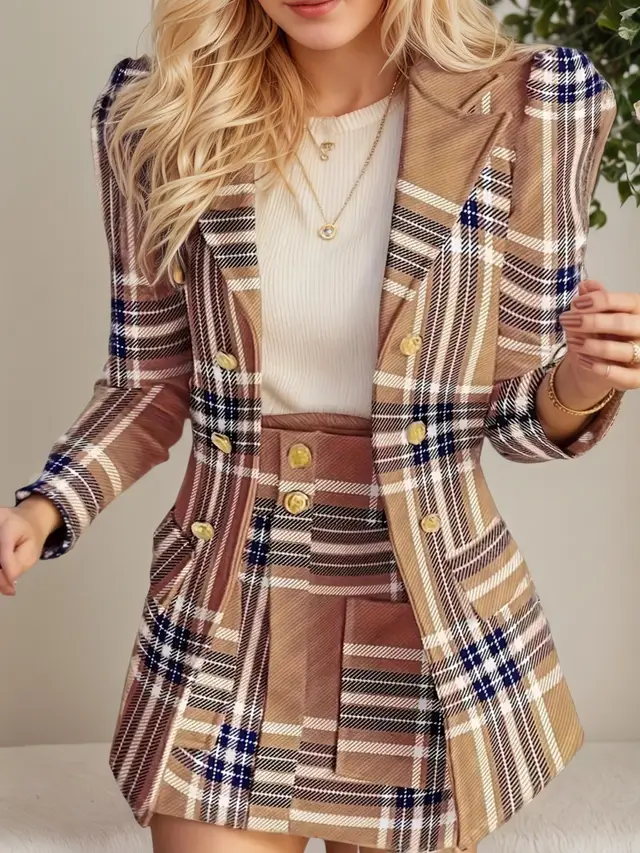 Women's Elegant Set, Double Breasted Long Sleeved Plaid Lapel Jacket&plaid Skirt With Pockets, Double Breasted Closure, Perfect For Work And Formal... - Shop at LoveMi