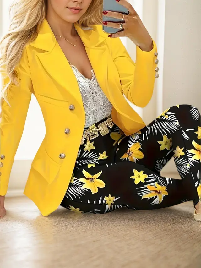 New Women's Fashionable Solid Color Top And Printed Pants Set, Machine Washable, Perfect Choice For Spring And Autumn - Shop at LoveMi