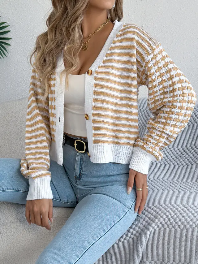 Autumn And Winter Color blocked Striped Lantern Long Sleeve Cardigan Short Coat Sweater Khaki - Shop at LoveMi