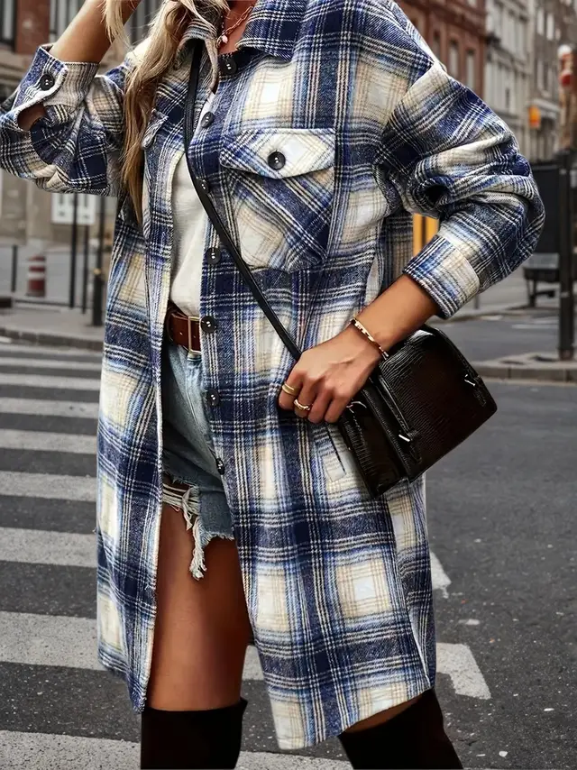 Women's Plaid Shack Set, Oversized Flannel Shirt Jacket And Worn out Denim Shorts, Paired With Knee High Boots In A 90s Retro Style, A Must have Fo... - Shop at LoveMi