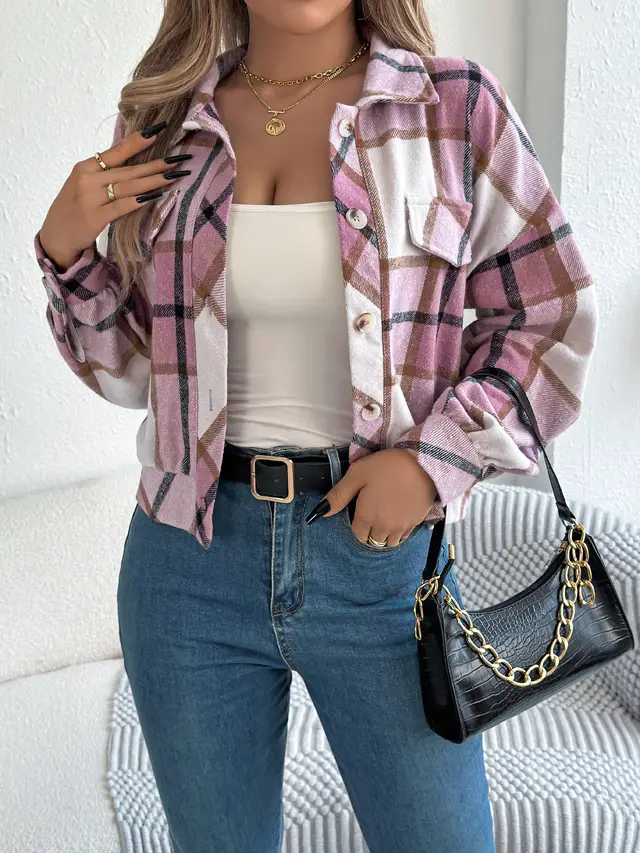 Autumn And Winter Casual Plaid Pocket Long Sleeve Woolen Jacket Coat Pink - Shop at LoveMi