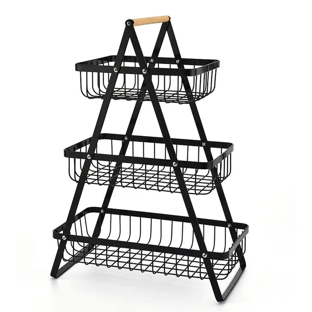 Detachable Iron Double Layer Fruit Basket, Kitchen & Living Room Tabletop Storage Rack, Bread Basket With Wooden Handle, Hand Carry Basket Black - Shop at LoveMi