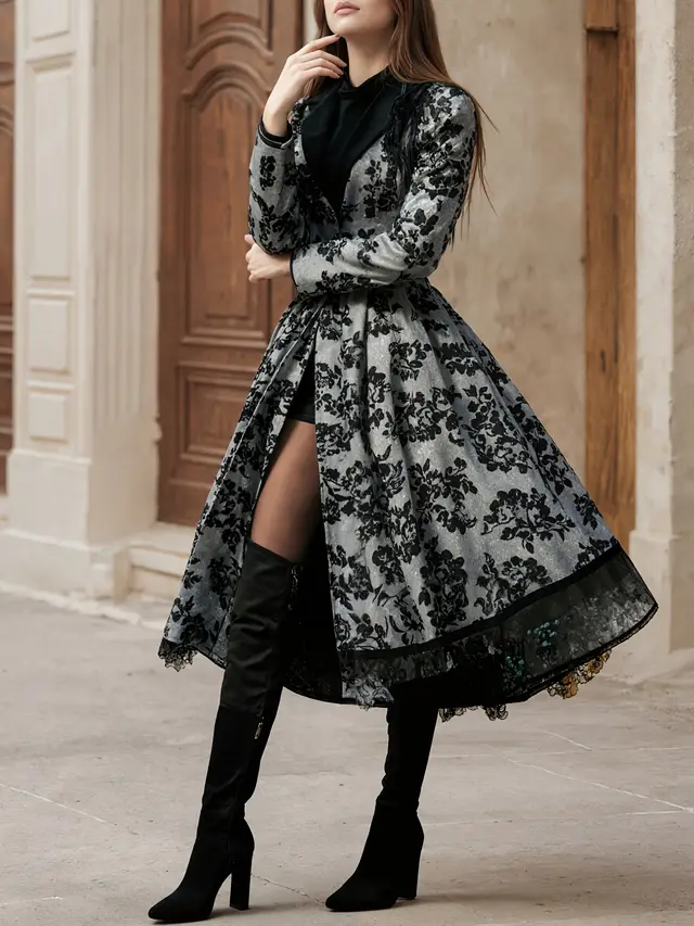 New Women's Evening Dress, Lace Decoration, Collar, Flower Print Press, Long Sleeve, Dance Dress Default - Shop at LoveMi