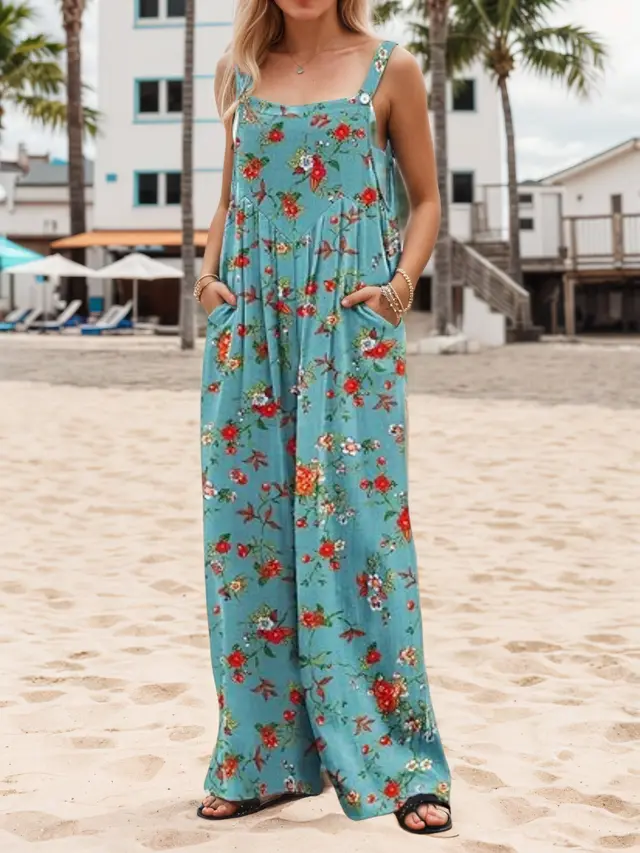 New Women's Summer Printed Casual Overalls Loose Wide Leg Jumpsuit Bohemian Floral Printed Loose Jumpsuit With Pocket Default - Shop at LoveMi