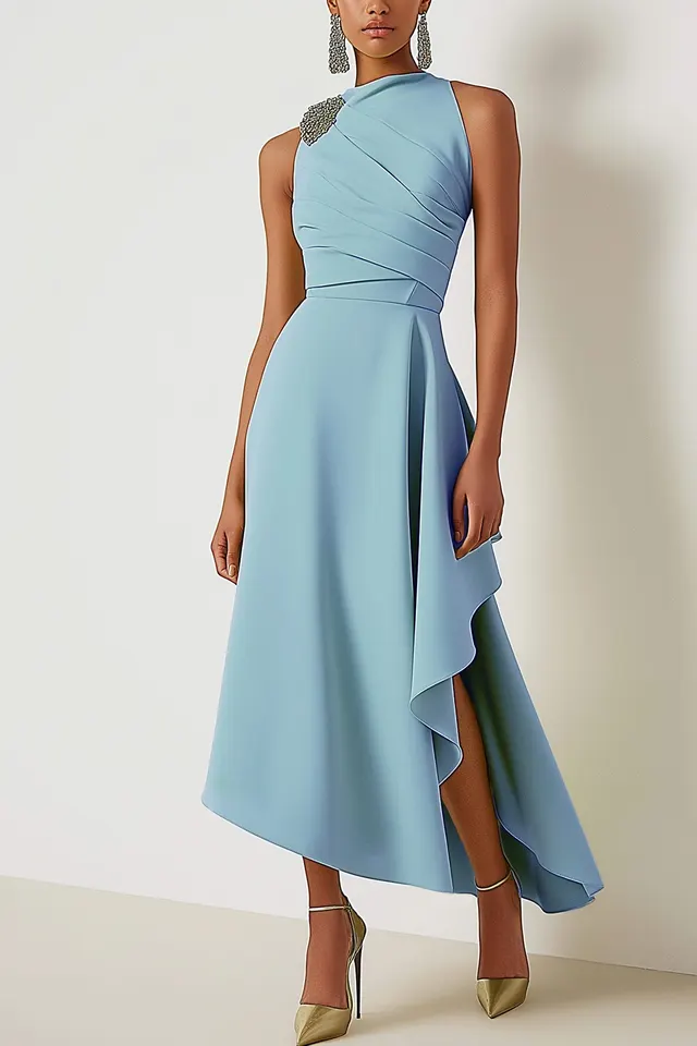 Wedding Guest Party Dress Sage Green Sleeveless Midi Dress Blue - Shop at LoveMi