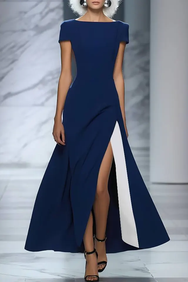 Formal Evening Dress Deep Blue Boat Neck Side Slit Maxi Gown Dark Blue - Shop at LoveMi