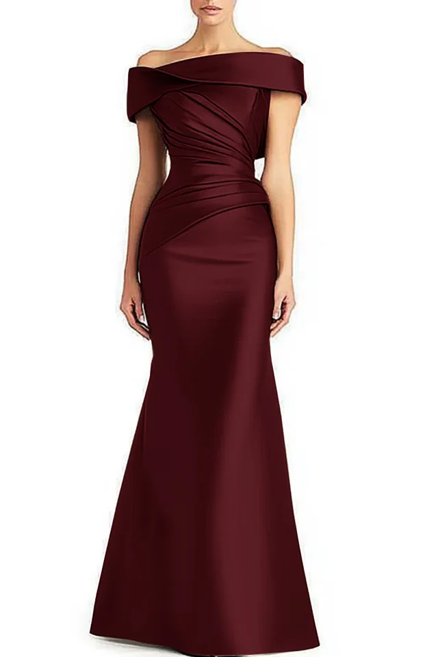 Evening Formal Dress Pleated Off shoulder Elegant Maxi Dress Mother Of The Bride Dress Wine Red - Shop at LoveMi