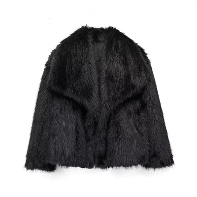 Large Lapel Fluffy Plush Artificial Fur Short Black - Shop at LoveMi