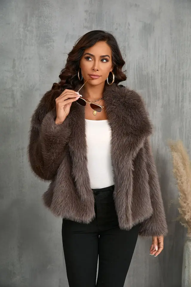 Large Lapel Fluffy Plush Artificial Fur Short Brown - Shop at LoveMi