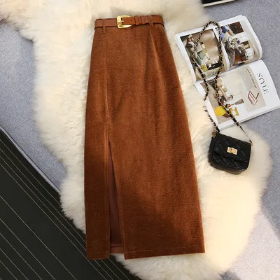 Women's Vintage Style High Waisted Solid Color Maxi Dress With Belt Side Slit Casual Winter Dress Brown - Shop at LoveMi