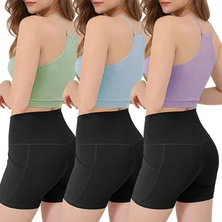 3 Pack Women Crop Basic Tank Top Ribbed Knit Sleeveless Round Neck 9 Color Machine Wash Summer Crop S To XL - Purplebluegreen