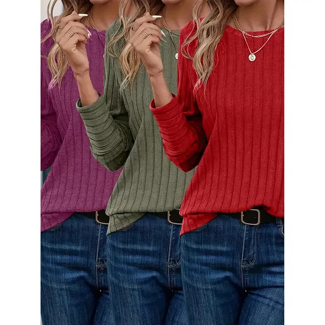 Women's 3 Pack Ribbed Knit Long Sleeve Shirts, Crew Neck Casual Stretch Tees, Basic Comfortable Tops Fuchsia Green Red - Shop at LoveMi