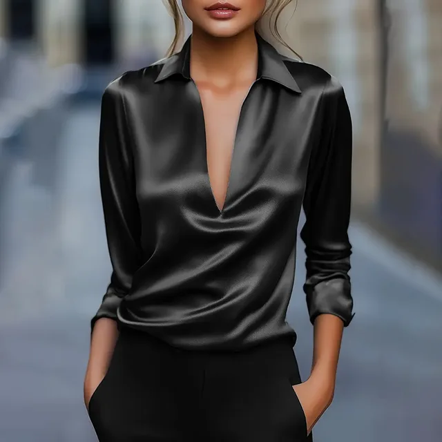 Elegant Women's V Neck Long Sleeve Blouse With Satin Sheen Solid Color Formal Shirt For Spring Fall Black - Shop at LoveMi