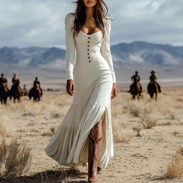 Women's Solid Color Vintage Western Long Sleeve Ruffle Lace Trim Sexy Maxi Dress With Center Slit Spring Fall Cowgirl Style Dress White - Shop at LoveMi