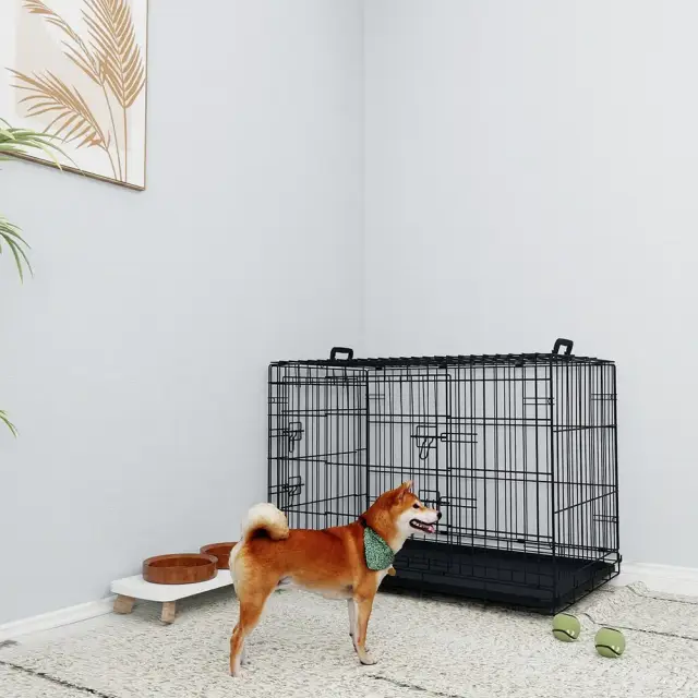 36 Inches Black Wire Dog Cage Double Lock Mechanism Two Doors Two Handles Double Bolt Black - Shop at LoveMi