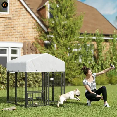 Welded Wire Outdoor Dog Kennel With 360 Rotating & 4 Levels Adjustable Bowls, Waterproof Cover Silver Small - Shop at LoveMi