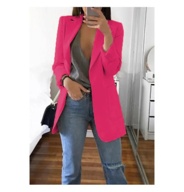 Lapel Slim Cardigan Temperament Blazer - Rose Red