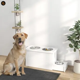 Elevated Dog Bowls With Slow Feeder Mat, Storage Cabinet, 3 Stainless Steel Bowls For Large & Extra Large Dogs, White - White