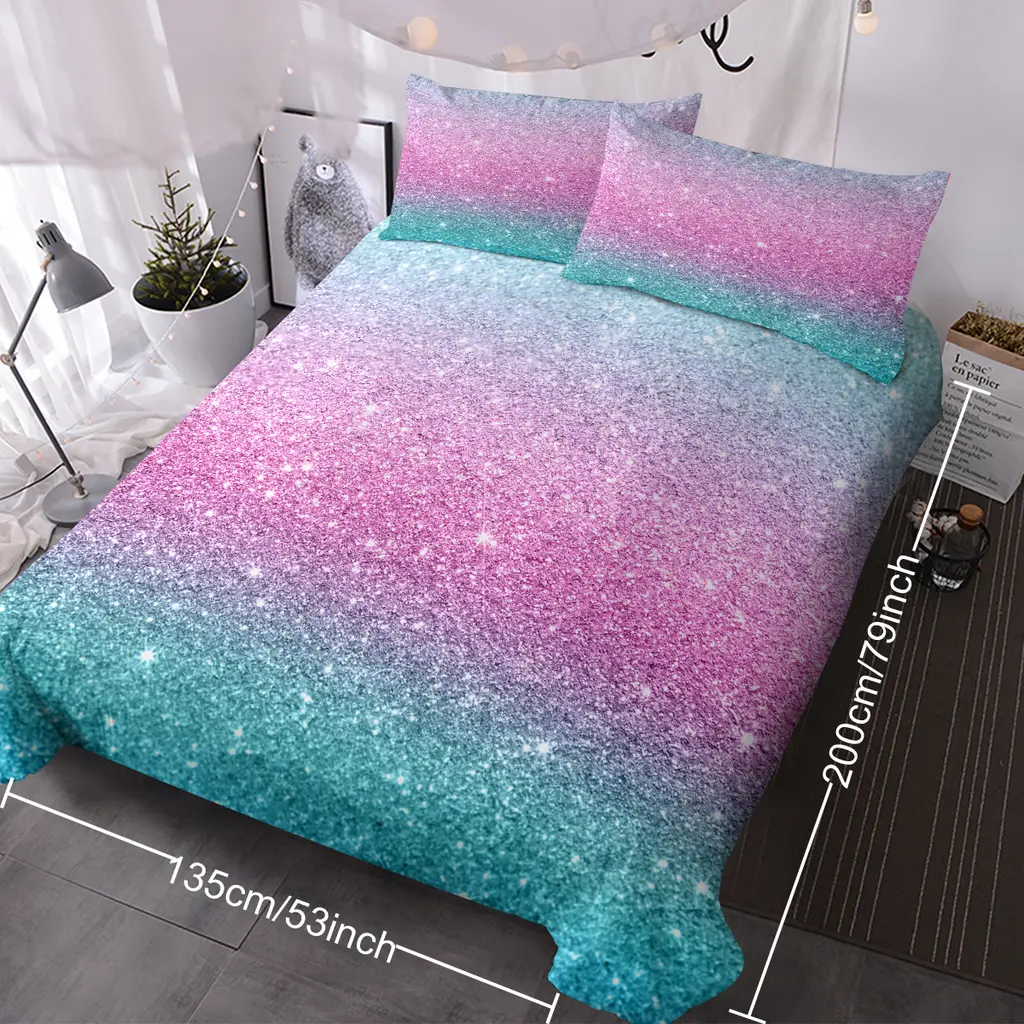 Girly Duvet Cover Rainbow Glitter Ombre Bedding Sets Chic Purple Blue Green Pastel Bed Spreads Sparkle Quilt Cover Set With 2 Pillow Shams - Single