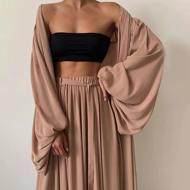 Women's Solid 3 Piece Set Lantern Sleeve Long Cardigan & Short Tube Top & Wide Leg Trousers With Drawstring Spring Summer Fashion Flowy Outfit Coffee - Shop at LoveMi