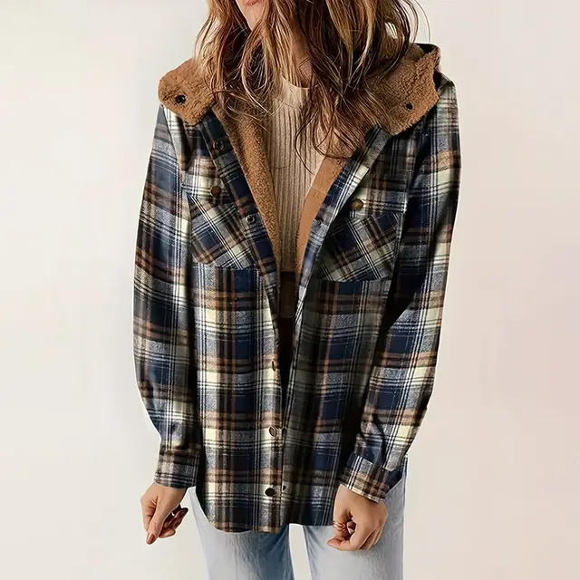 Women's Plaid Button Up Long Sleeve Jacket Fall Winter Flap Button Pocket Design Casual Hooded Fleece Lined Warm Coat Brown - Shop at LoveMi