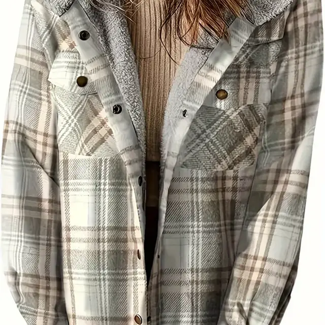 Women's Plaid Button Up Long Sleeve Jacket Fall Winter Flap Button Pocket Design Casual Hooded Fleece Lined Warm Coat Gray - Shop at LoveMi